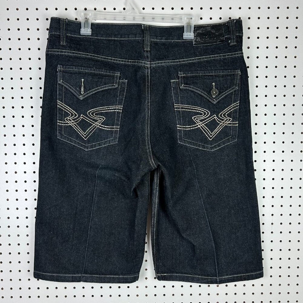 NBN Gear Black Gothic Shorts 40 Denim Jean Embroidered Pockets Flap Stitched Y2K